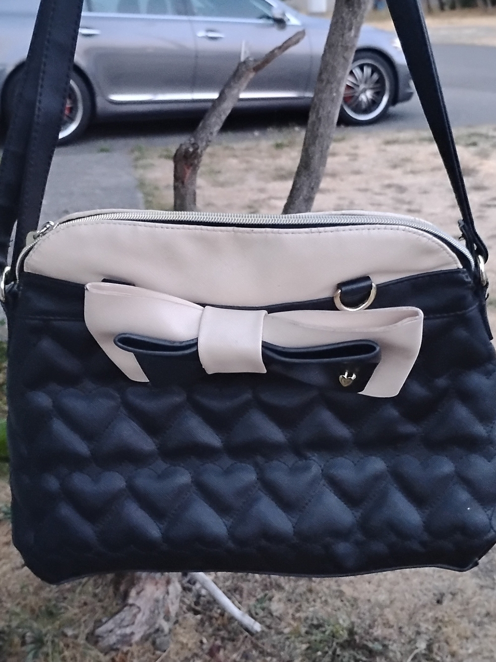 Betsey Johnson Black Quilted Shoulder Bag with Cream Bow